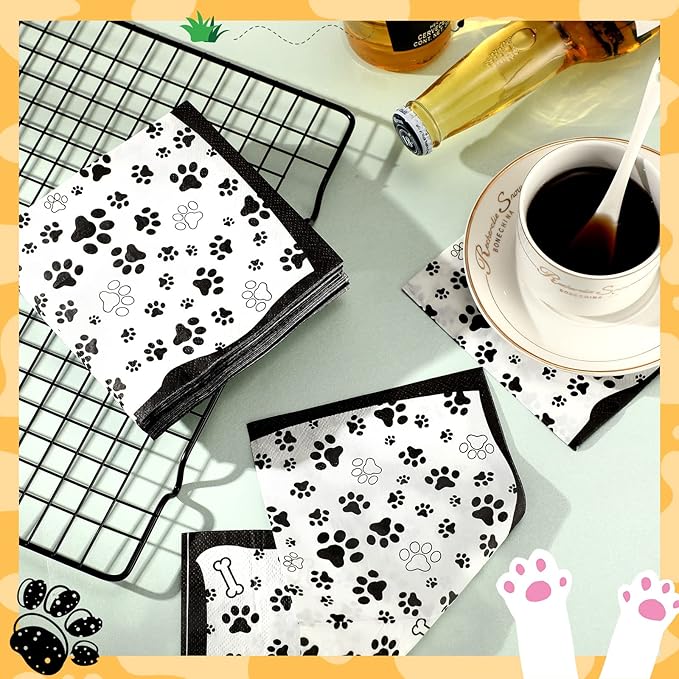 CHENGU 100 Pieces Paw Print Napkins 2 Layers Paw Print Party Supplies Farm Animal Party Napkins for Animal Themed Birthday Western Part, 5 x 5 Inch(Black)