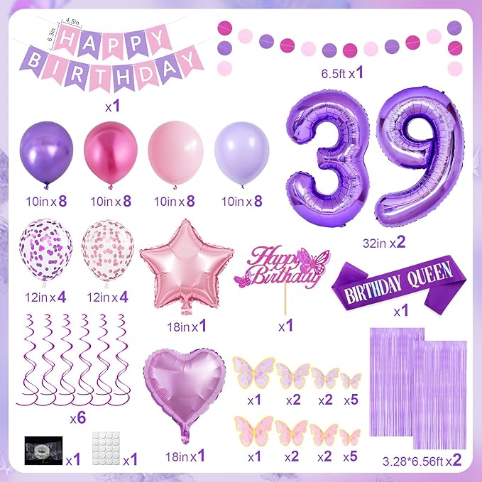 39th Purple Birthday Decorations for Women, Pink and Purple Happy 39 Birthday Party Decorations with Happy Birthday Banner, Number Foil Balloons, Butterfly Cake Topper for 39th Party Supplies