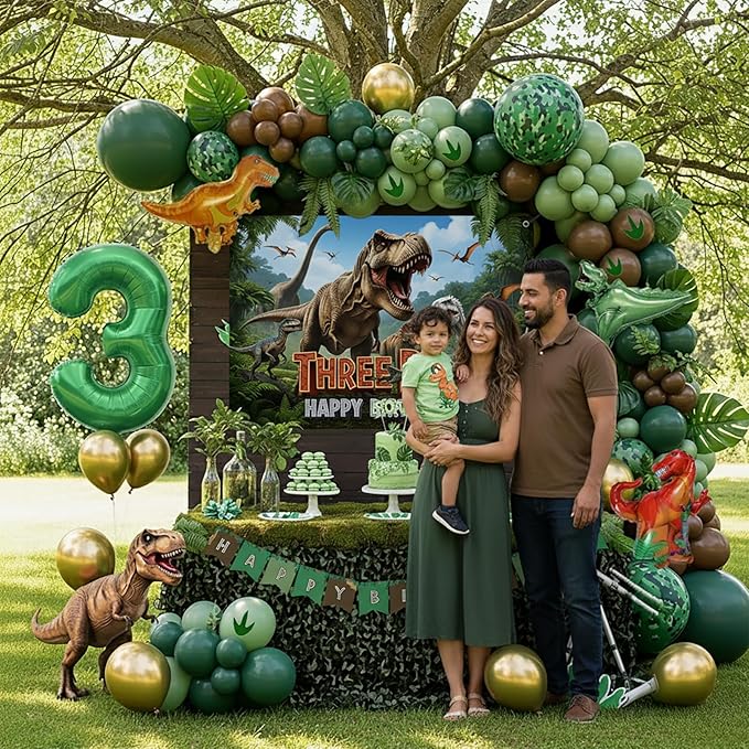 Dinosaur Birthday Decorations include Hunter Green Brown Gold balloon arch & small Dino Foil balloons & banner backdrop & footprint stickers for Kids Boys Jungle Safari Dino 3rd T-Rex Party Supplies