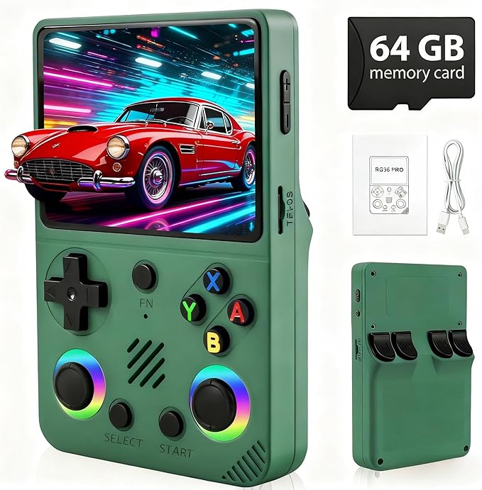 RG36PRO Handheld Game Console - 3.5-Inch Screen, Support 30000+Classic Games, 64G TF Card, Open Source System, 3000mAh Battery, Portable Console for Travel, Gift for Adult or Partner-Green