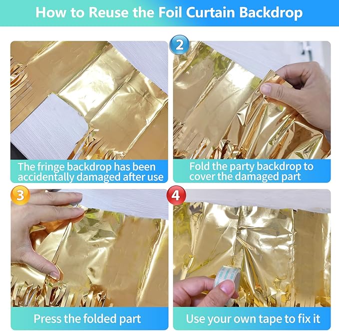 Gold Foil Fringe Backdrop Curtains 2 Pack 3.3x8.2 Ft Tinsel Streamer Fringe Backdrop Door Streamers for New Years Eve Decoration Graduation Birthday Baby Shower Gender Reveal Disco Party
