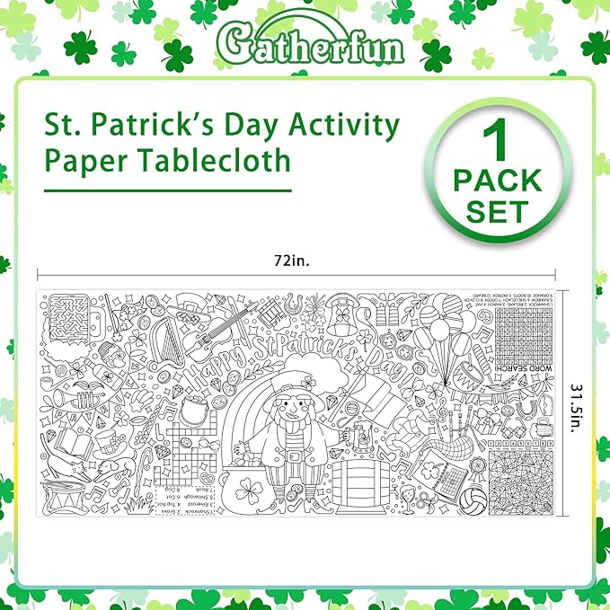 Gatherfun St. Patrick's Day Coloring Poster for Classroom Wall - Versatile 31.5 x 72 Inches irish themed Activity Poster/Table Cover, School Parties, St. Patrick's Day Party Decoration