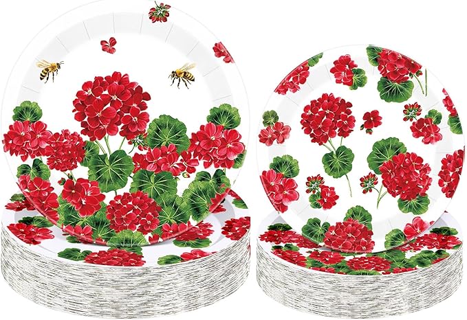 60 Pcs Spring Geranium Paper Plates 9 in and 7 in Red Floral Disposable Party Plates Summer Bee Flower Paper Dinner Dessert Tableware for Wedding Baby Shower Party Table Decor Supplies