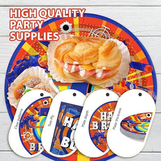 96Pcs Dart War 7th Birthday Party Supplies Dart War 7th Theme Plates and Napkins Blue and Orange 7 Years Old Tableware Set for Birthday Party Decoration Serves 24