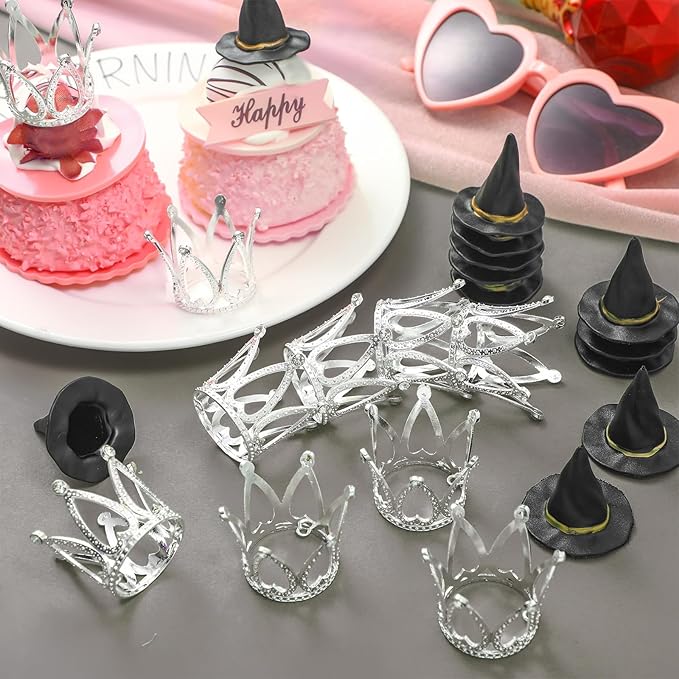 24 Pack Witch Hat and Crown Cake Topper Bad Witch Birthday Party Decorations Mini Wizard Hats Silver Crown Cupcake Toppers Decor Princess Cake Accessories for Birthday Party Supplies Crafts
