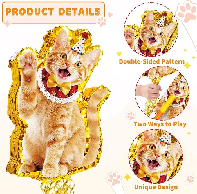 WERNNSAI Cat Piñata - Orange Cat Birthday Decorations Pull String Piñata Bundle with Blindfold and Bat Cute Animal Party Game for Kids Girls Kitten Party Supplies