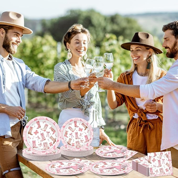 96Pcs Coquette Bow Cowgirl Happy Birthday Party Supplies Western Cowgirl Plates and Napkins Disposable Pink Bowknot Rodeo Tableware Bachelorette for Kids Set Decorations Favors Baby Shower Serve 24