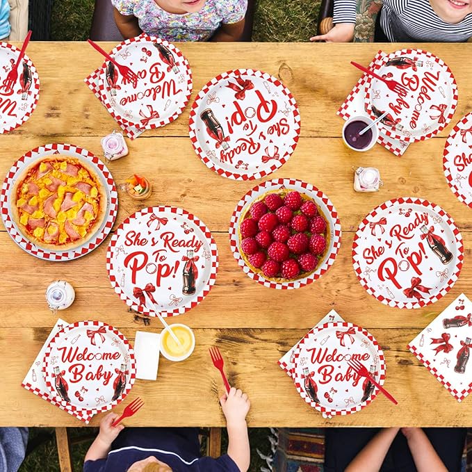 96Pcs She's Ready to Pop Baby Shower Decorations Soda Pop Drink Themed Plates and Napkins Red White Bow Gingham Disposable Paper Tableware Set for Girls Baby Shower Party Supplies Serves 24