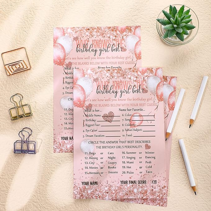Leinuosen Who Knows The Birthday Girl Best Card 50 Pcs Birthday Party Game Set Girly Pink Rose Gold Sprinkles Themed Cards with 10 Pre Pointed Pencils for Teen Sweet Sleepover Party
