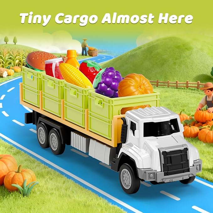 iPlay, iLearn Kids Friction Food Transport Truck Toys, Toddler Push Go Car Vehicle W/Storage Boxes & Foods, Alloy Head Cargo Carrier Play Trucks, Birthday Stocking Gift for 3 4 5 Year Old Boy Girl