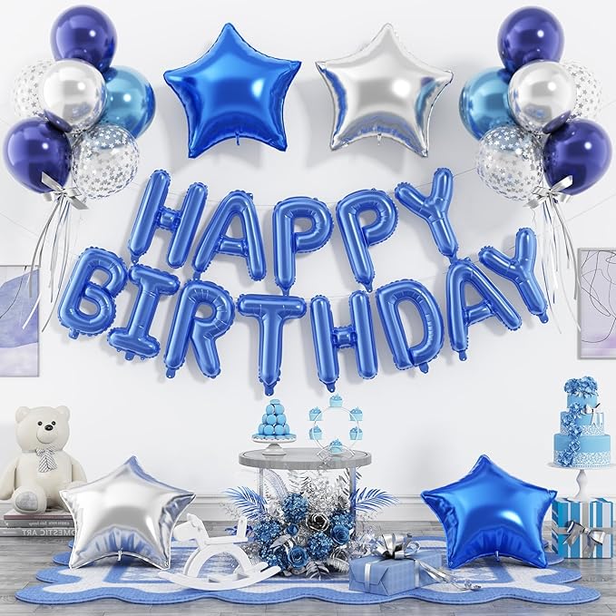 29PC Blue Happy Birthday Balloon Banner, 16 Inch 3D Aluminum Letter Banner Sign, Metallic Silver Pearl Dark Blue Confetti Balloons 18 Inch Star Foil Balloons for Women, Men Party Supply