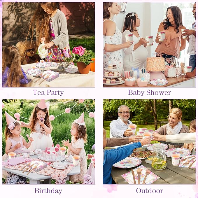 350 Pcs Tea Party Supplies Spring Summer Tea Party Tableware Set Disposable Plates Napkins Paper Cups Plastic Cutlery Set for Birthday Bridal Baby Shower Serves 50