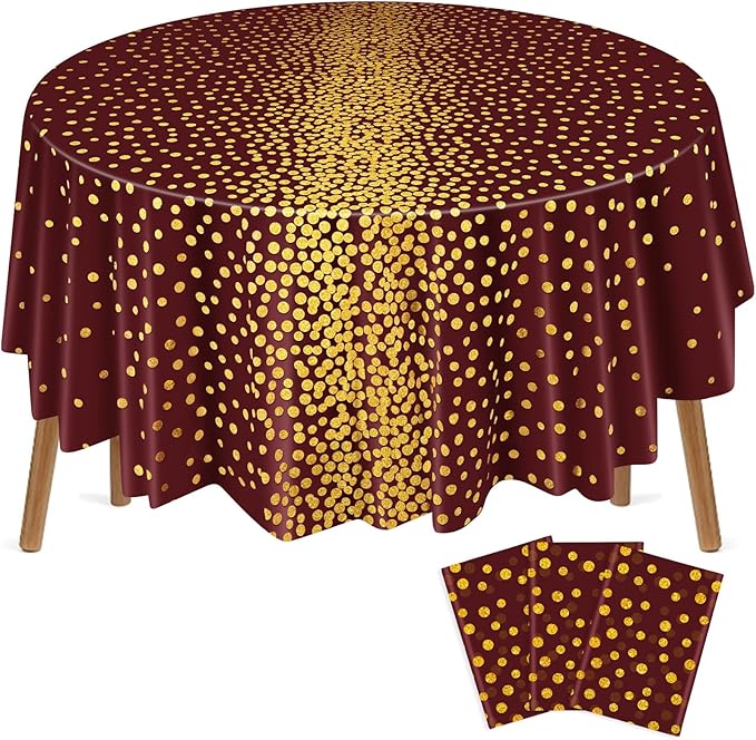 VitalCozy Round Dot Tablecloth 84 Inch Plastic Table Cover Polka Dot Confetti Tablecloths for Easter 2026 Graduation Prom Wedding Birthday Spring Party Supplies(Maroon and Gold,3 Pcs)
