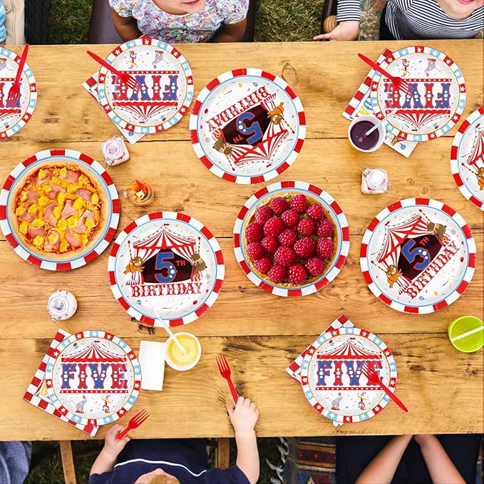96Pcs Carnival 5th Birthday Party Decorations Christmas Carnival Circus Fifth Birthday Plates and Napkins Tableware Sets Circus Theme Decorations for Kids Baby Shower Five Years Old Supplies Serves 24