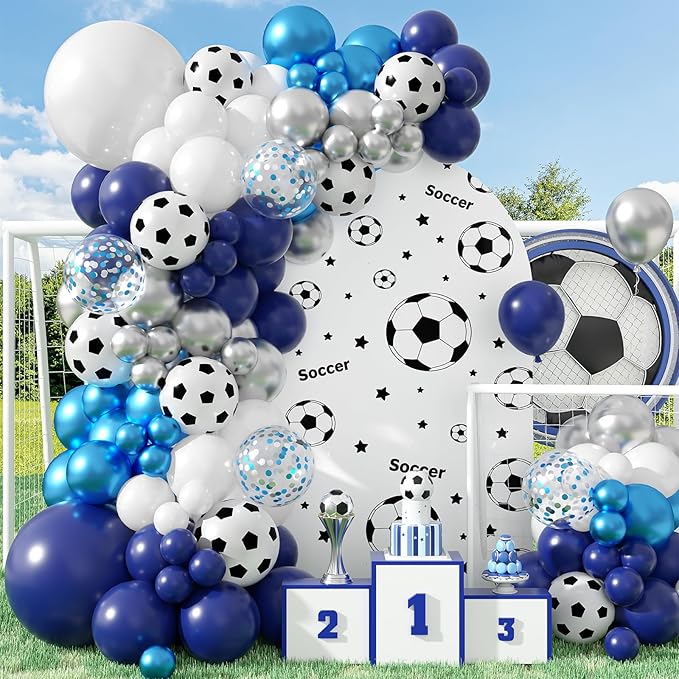 Soccer Party Decorations, Soccer Balloon Arch Kit, Metallic Blue White Silver Navy Blue Balloons Garland with Soccer Print Balloons for Kids Boys Football Sports Theme Baby Shower Party Supplies