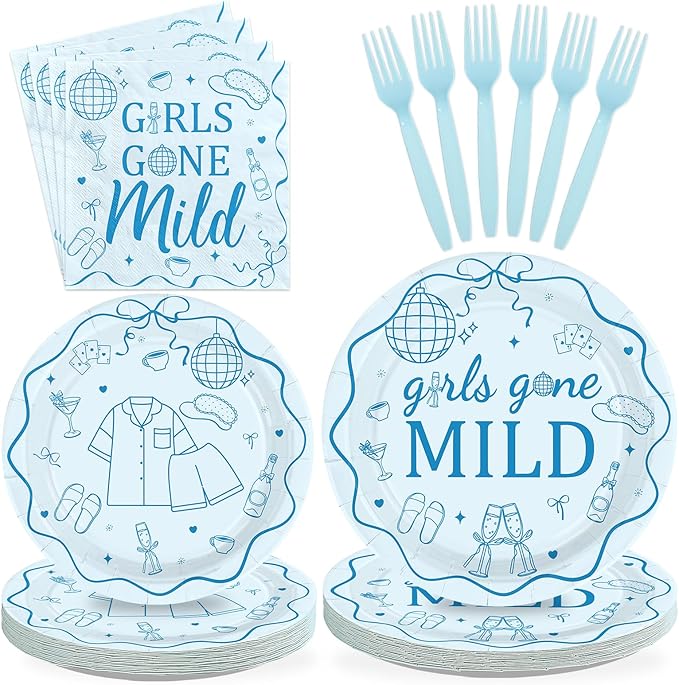 96Pcs Girls Gone Mild Party Decorations Blue Sleepover Plates and Napkins Tableware Sets Girls Night Decorations for women Sleepover Wedding Bachelorette Bridal Shower Party Supplies Serves 24