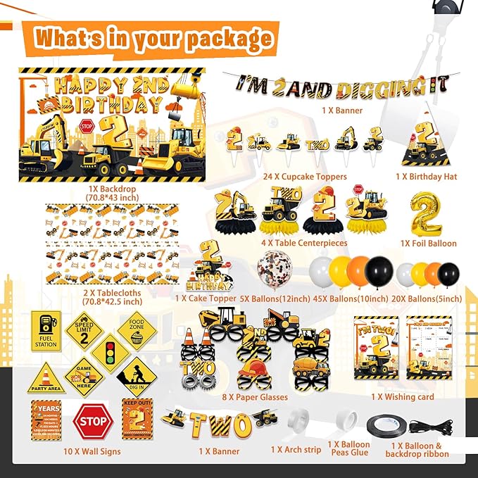 Mpanwen Construction Party Decorations for 2 Year Old Boy, 128Pcs Truck Construction 2nd Birthday Party Supplies for Baby Boys - Backdrop, Wall Signs, Tablecloth, Crown, Poster, Paper Glasses
