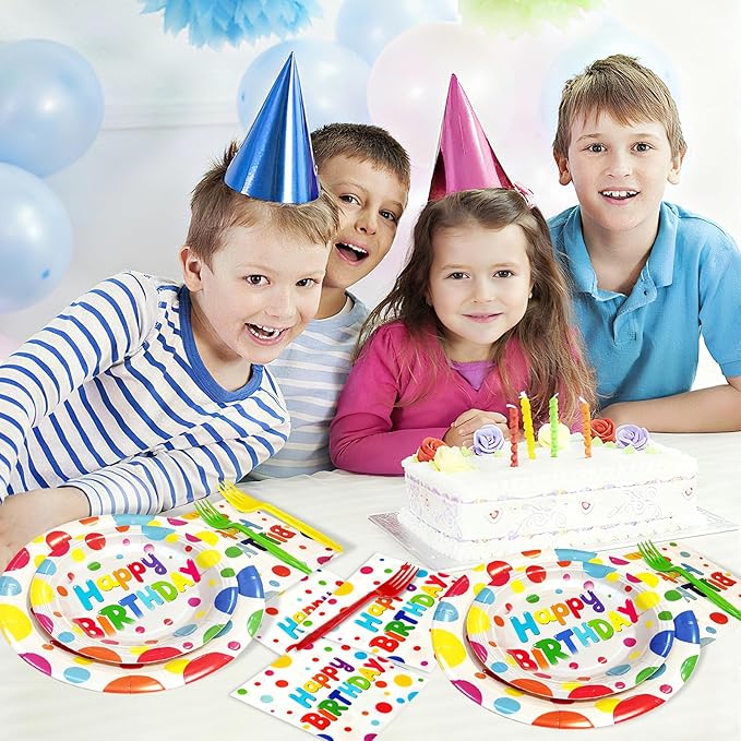 100 Pcs Birthday Colorful Dots Plates Napkins Forks, Disposable Happy Birthday Dots Tableware Set Party Supplies