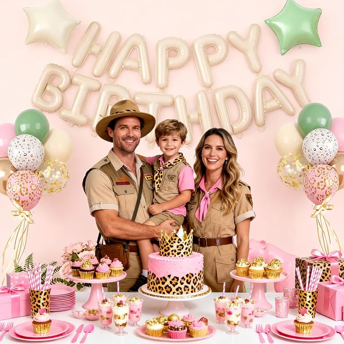 29PC Cream Pink Leopard Happy Birthday Balloon Banner, 16Inch 3D Aluminum Letter Banner Sign, White Pink Cheetah Printed Balloons 18 Inch Green Star Foil Balloon for Forest Party Decorations