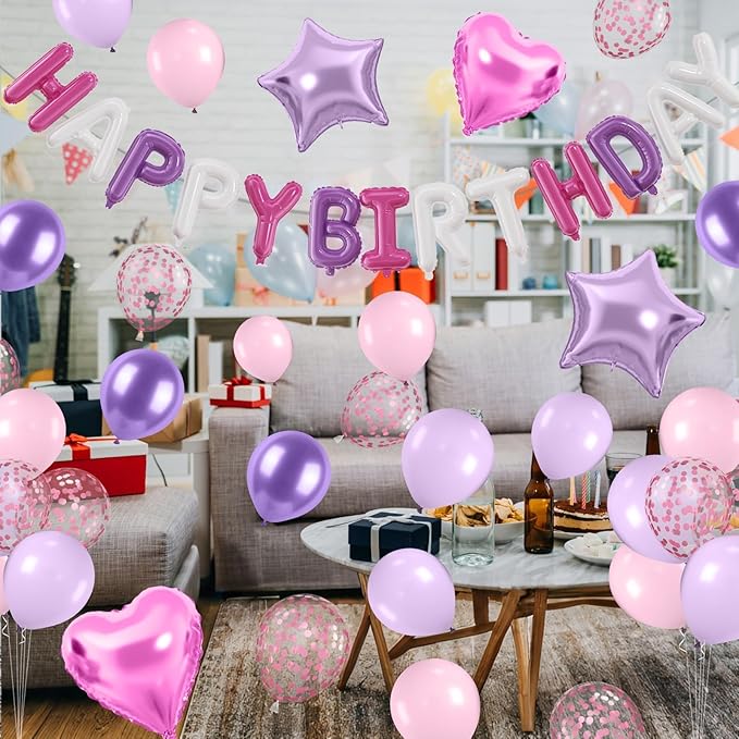 29PC Pink Purple Happy Birthday Balloon Banner, 16 Inch Foil Letters Letter Banner Sign, Pink Purple Balloons Metallic 18 Inch Star Heart Foil Balloon for Women, Men Party Supply
