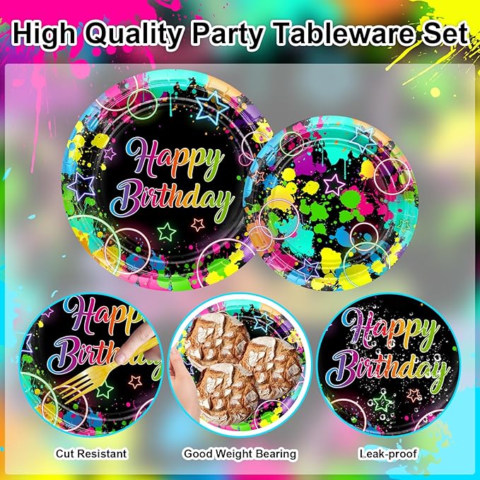 Avezano 96 PCS Neon Birthday Party Decorations Glow Neon Happy Birthday Plates Napkins Tableware Glow in the Dark Party Supplies, Serves 24