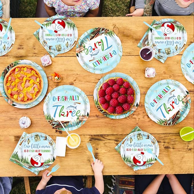 96Pcs Fishing 3rd Birthday Party Decorations Gone Fishing Three Paper Plates and Napkins Ofishally Three Disposable Tableware Set for Fisherman Baby Shower 3rd Birthday Party Supplies, Serves 24