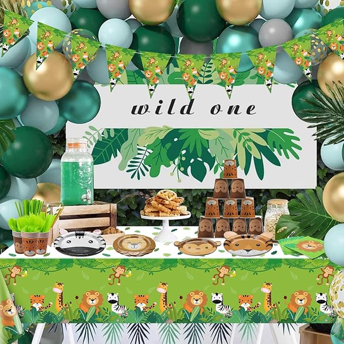 162Pcs Jungle Party Supplies- Include Animal Shape Plates, Jungle Tablecloth, Safari Flag, Napkins, Cups, Cutlery, Safari Theme Party Supplies for Kids Birthday Baby Shower Wild One, Serves 20 Guests
