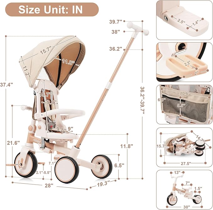 Merax 7-in-1 Toddler Trike Collapsible Frame Kid Rider Tricycle with Removable Pedal Ages 1Y-6Y