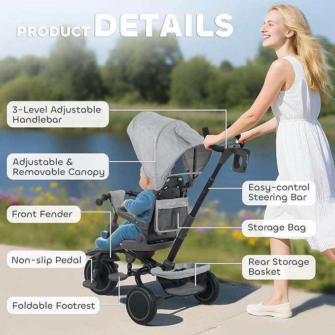 Qaba Kids Tricycle, 6 in 1 Foldable Baby Trike with Adjustable Push Handle, Tricycle Stroller with Removable Canopy, Reversible Seat, Safety Harness, Detachable Guardrail, Storage for 1-5 Years, Gray