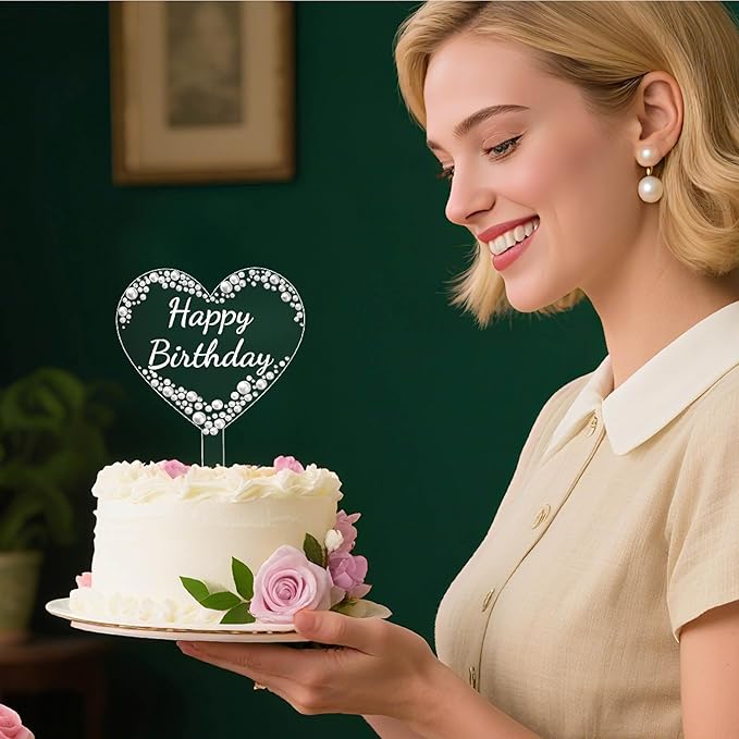 Coucoland Happy Birthday Cake Topper - Heart Acrylic Cake Decor with Sparkling Rhinestones and Pearls for Party Supplies