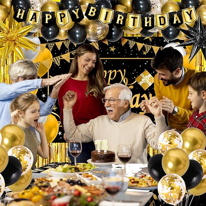 Black and Gold Birthday Decorations for Men Women, Black Gold Party Decorations Kit with Happy Birthday Banner Backdrop Tablecloth Foil Curtains Balloons Arch, Happy Bday Party Supplies for Him