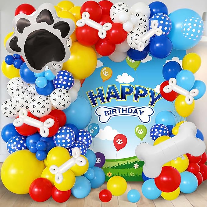 106Pcs Puppy Theme Birthday Decorations for Boys, Red Blue Yellow Balloon Garland Arch Kit with Dog Bone and Paw Print Foil Balloons for Kids Rescue Pet Animal Themed Baby Shower Party Supplies