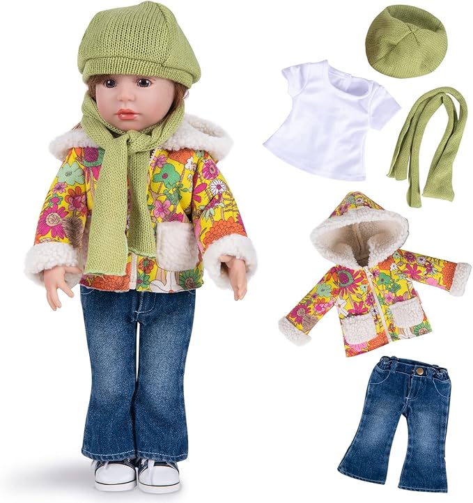 Doll Clothes Set 5 Pc. Set Includes Colorful Yellow Coat, Green Scarf and Hat, Blue Jeans & White T-Shirt Baby Doll Clothes Suit and Accessories (Doll & Shoes Not Included)