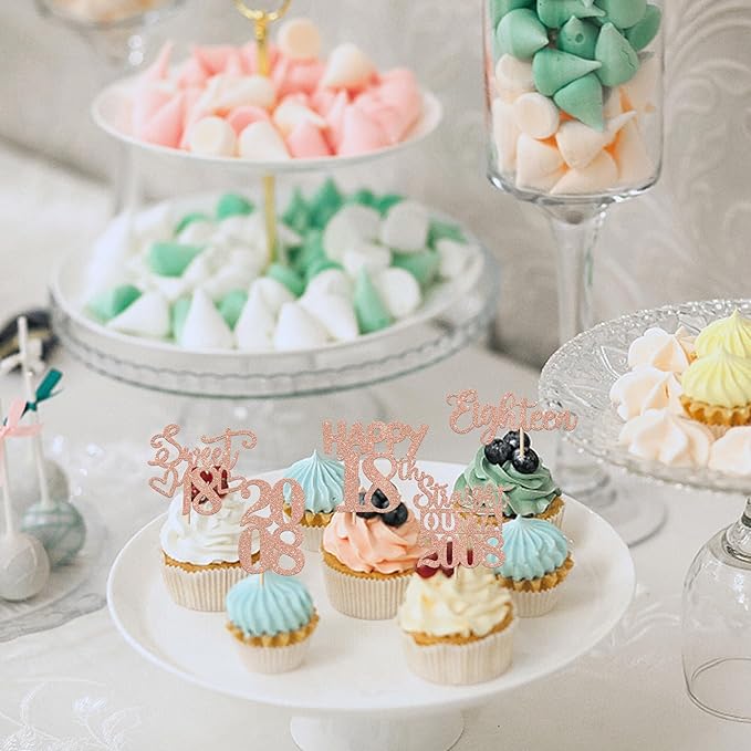30PCS 18th Birthday Cupcake Toppers Glitter Eighteen Happy 18th Straight Outta 2008 Cupcake Picks for Cheers to 18 Years Birthday Wedding Anniversary Party Decoration Supplies Rose Gold