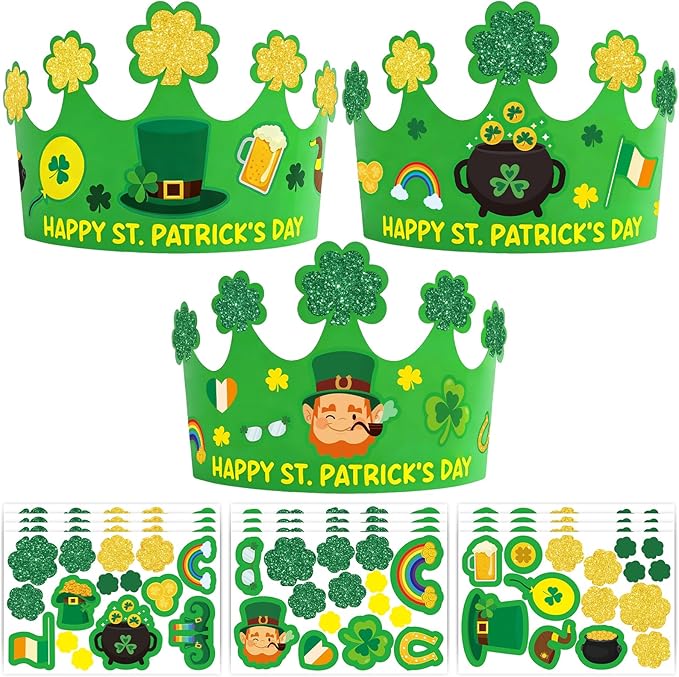 Hedeey 24 Pack St. Patrick's Day Crown Crafts Shamrock Paper Clover Crown Hat with Stickers forIrish St Patricks Holiday Craft Activity Party Favors Supplies