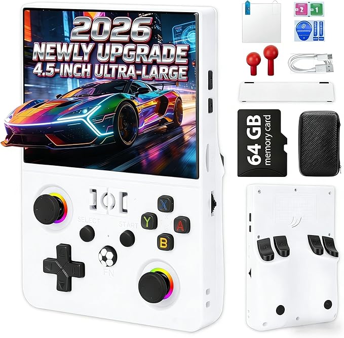 2026 NEW Upgrade R36MAXPRO Retro Handheld Game Console - 4.5 Inch Ultra-Large Screen, Support 18000+Classic Games, 64G TF Card, Linux System, 4000mAh Battery, Birthday Gift for Adult - White