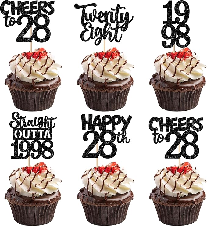 30PCS Black 28th Birthday Cupcake Toppers Glitter Twenty Eight Happy 28th Straight Outta 1998 Cupcake Picks for Cheers to 28 Years Birthday Wedding Anniversary Party Cake Decorations Supplies