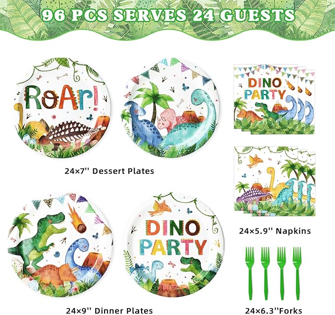 96 Pcs Dinosaur Plates and Napkins Tableware Set (Serves 24), Dinosaur Birthday Party Supplies Include Plates Napkins Plastic Forks for Kids Party Decorations