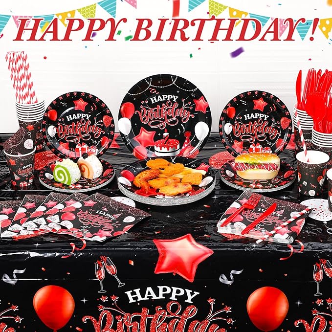 Norme 176 Pcs Black and Red Birthday Tableware Set Birthday Decoration Includes Tablecloth Paper Plates Napkins Paper Cups Forks Knifes and Straws for 25 Guests Party Supplies (Vibrant)