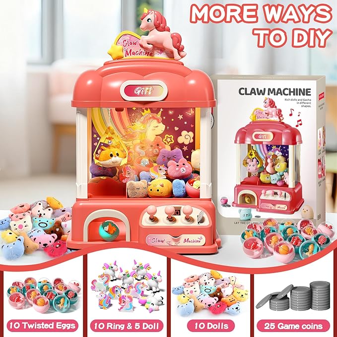 60 PCS Large Kids Claw Machine, Vending Claw Machine with Lights Sound, Candy and Prize Electronic Dispenser Game Toys for Kids, Claw Machine Toys for 3 4 5 6 7 8 Years Old Girls