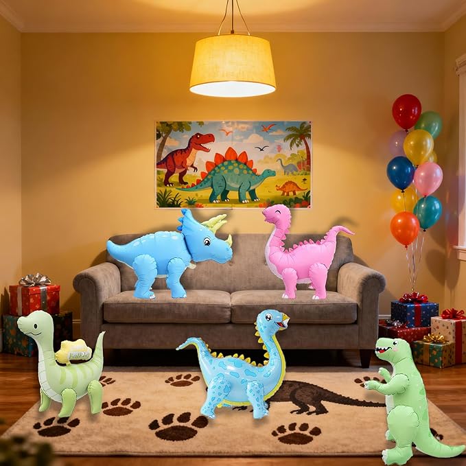 LilyZheng 5-Pack Self-Standing 3D Dinosaur Balloons Pastel Foil Balloons Inflatable Dino Party Decorations for Kids Birthday Jurassic Theme Dinosaur Supplies