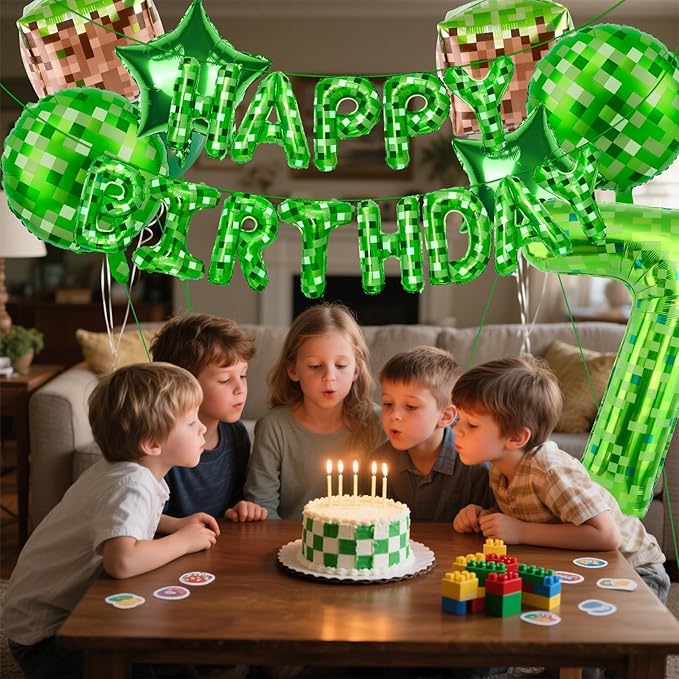Green Pixel Themed Happy Birthday Banner Party Decorations Set Including 40 Inch Number 7 Foil Balloons, Themed Party Essentials, TNT Pixel Backdrop Supplies for Boys Indoor Outdoor Celebration