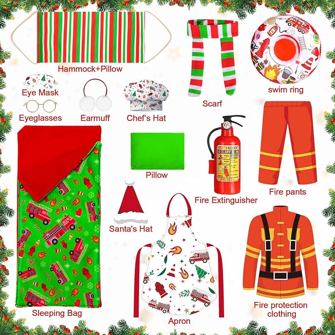 Kacctyen 14 Pcs Fireman Themed Christmas Doll Accessories Include Christmas Doll Firefighter Suit Sleeping Bag Apron Santa Hat Scarf Glasses Pillow Eye Mask Shoes Mask Hammock