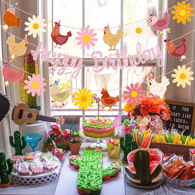 Chicken Themed Birthday Party Supplies Daisy Chicken Happy Birthday Banner Pink Glitter Floral Little Chick Party Decoration Hen Themed Cutout Banners for Girls Farm Animal Bday Baby Shower Supplies