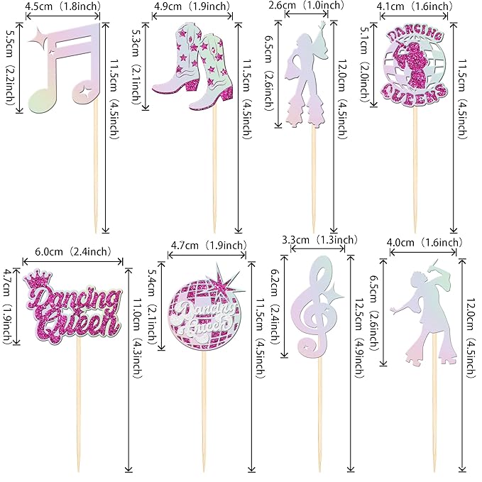 24 PCS Dancing Queen Cupcake Toppers Glitter Music Note Singer Dancer Cupcake Picks Vintage 70s Disco Dancing Cake Decorations for Disco Ball Music Theme Wedding Birthday Party Supplies Rose Red