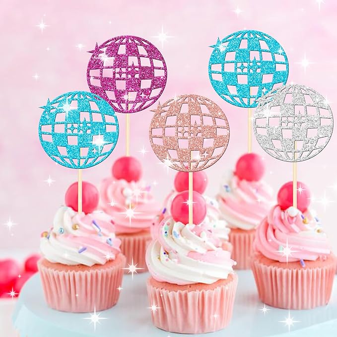 24 Colorful Disco Ball Cupcake Toppers - Dancing Cupcake Decorations for 70s Disco Music Theme Party Supplies