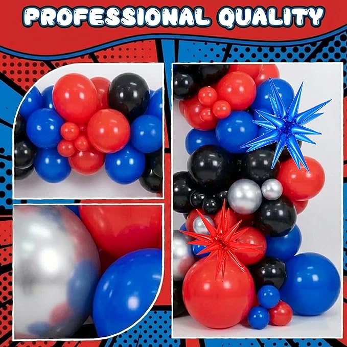 105Pcs Birthday Decorations for Boys, Red Blue Black Silver Balloon Garland Arch Kit with Starburst Foil Balloons for Kids City Defender Comic Vibe Baby Shower Party Supplies
