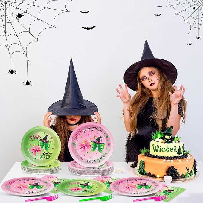 96PCS Witch Birthday Party Decorations Tableware Pink and Green Plates and Napkins Disposable Witch Tableware Set for Girls Birthday Party Decorations Baby Shower Movie Fans Decor Severs 24 Guests