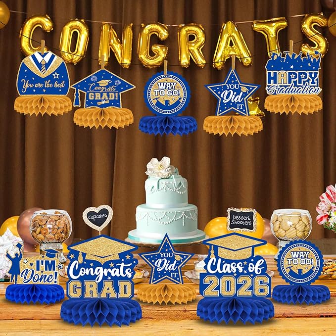 8 Pieces Class of 2026 Graduation Table Decorations - 2026 Congrats Grad Honeycomb Centerpieces, Graduation Table Toppers Decor for 2026 Graduation Party Decorations Favor Supplies, Blue and Gold