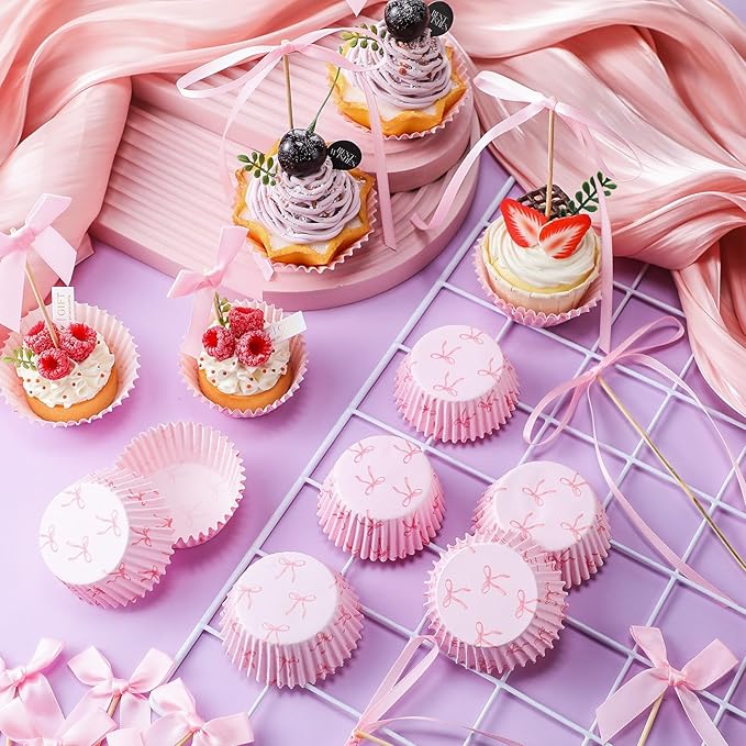 81 Pcs Pink Bow Cupcake Liners Set 50 Pink Bow Cupcake Liners and 31 Bowknot Ribbons Cake Toppers Coquette Birthday Cake Decorations for Bachelorette Bridal Baby Shower Birthday Wedding Party Supplies